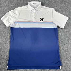 Peter Millar Polo Shirt Mens Large White Blue Summer Comfort Golf Bridgestone